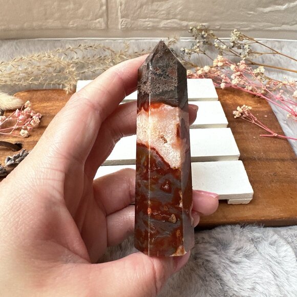Beautiful Small Red Moss Agate Tower Obelisk - Picture 5 of 7
